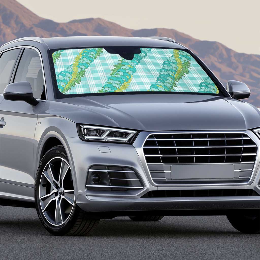 Hawaii Jade Vine Lei Auto Sun Shade Aloha Palaka Motif - Turquoise - Polynesian Pride