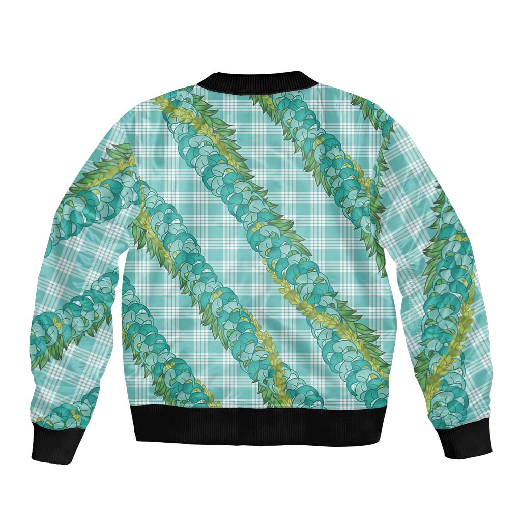 Hawaii Jade Vine Lei Bomber Jacket Aloha Palaka Motif - Turquoise - Polynesian Pride