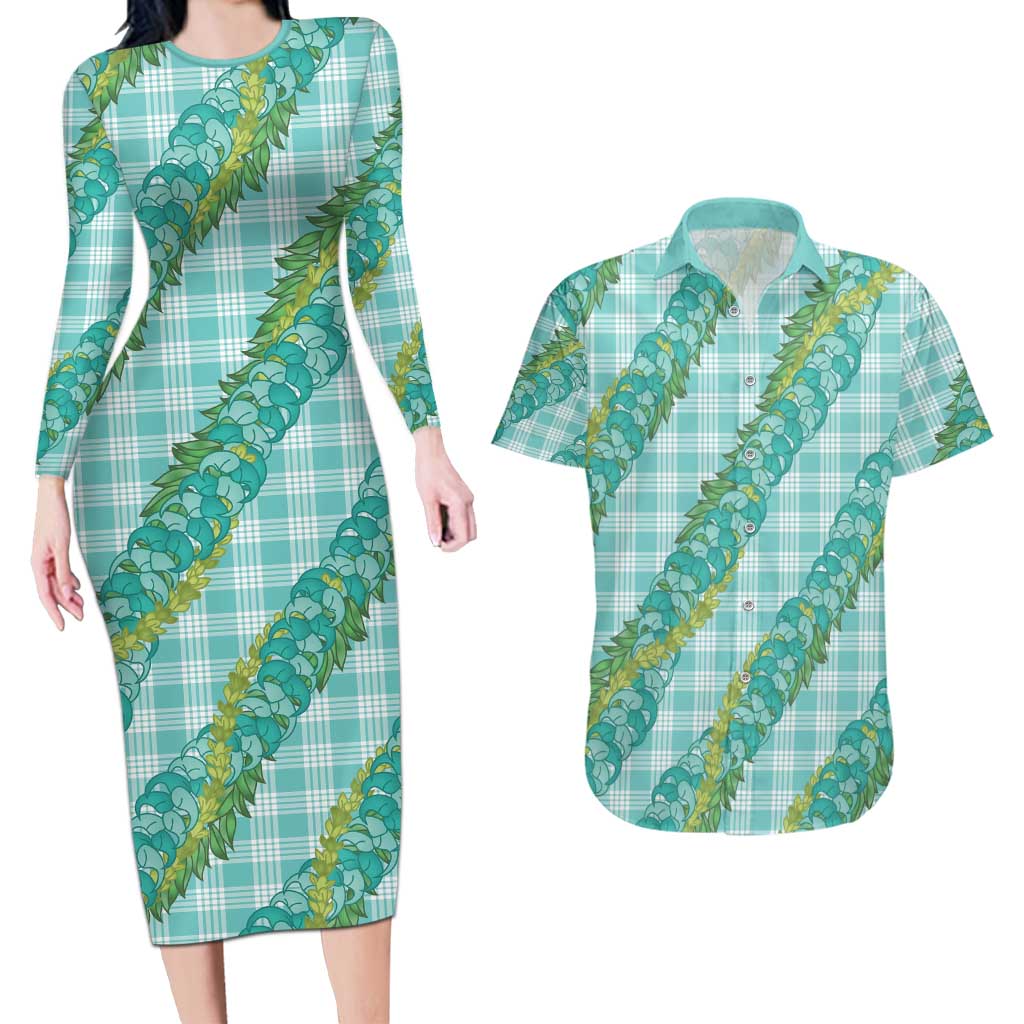 Hawaii Jade Vine Lei Couples Matching Long Sleeve Bodycon Dress and Hawaiian Shirt Aloha Palaka Motif - Turquoise - Polynesian Pride