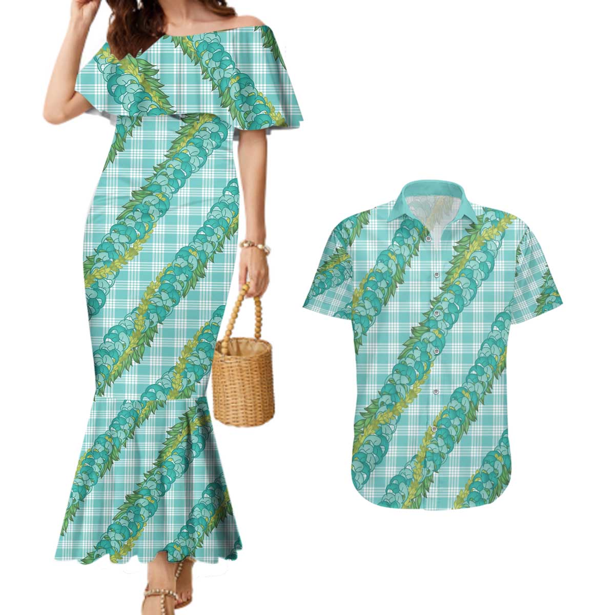 Hawaii Jade Vine Lei Couples Matching Mermaid Dress and Hawaiian Shirt Aloha Palaka Motif - Turquoise - Polynesian Pride