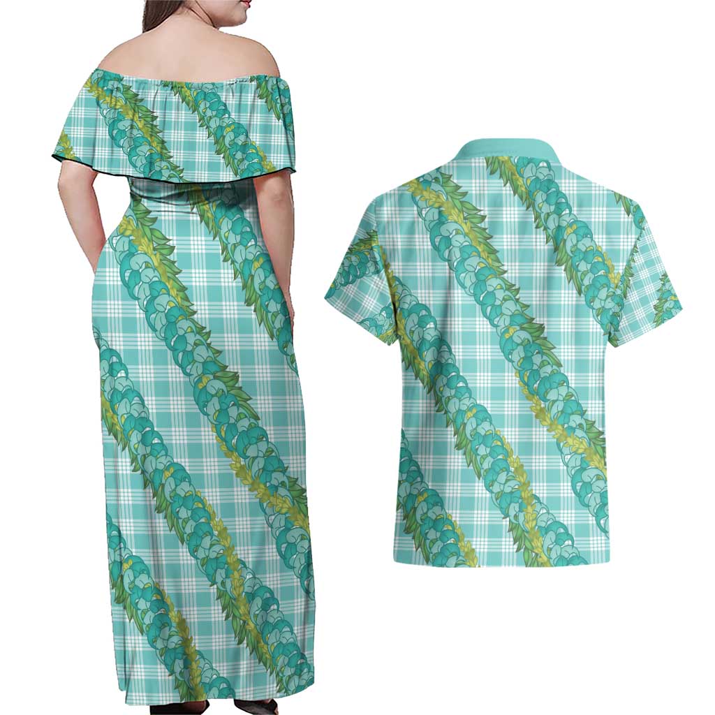Hawaii Jade Vine Lei Couples Matching Off Shoulder Maxi Dress and Hawaiian Shirt Aloha Palaka Motif - Turquoise - Polynesian Pride