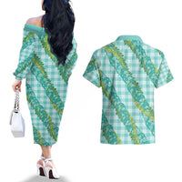 Hawaii Jade Vine Lei Couples Matching Off The Shoulder Long Sleeve Dress and Hawaiian Shirt Aloha Palaka Motif - Turquoise - Polynesian Pride
