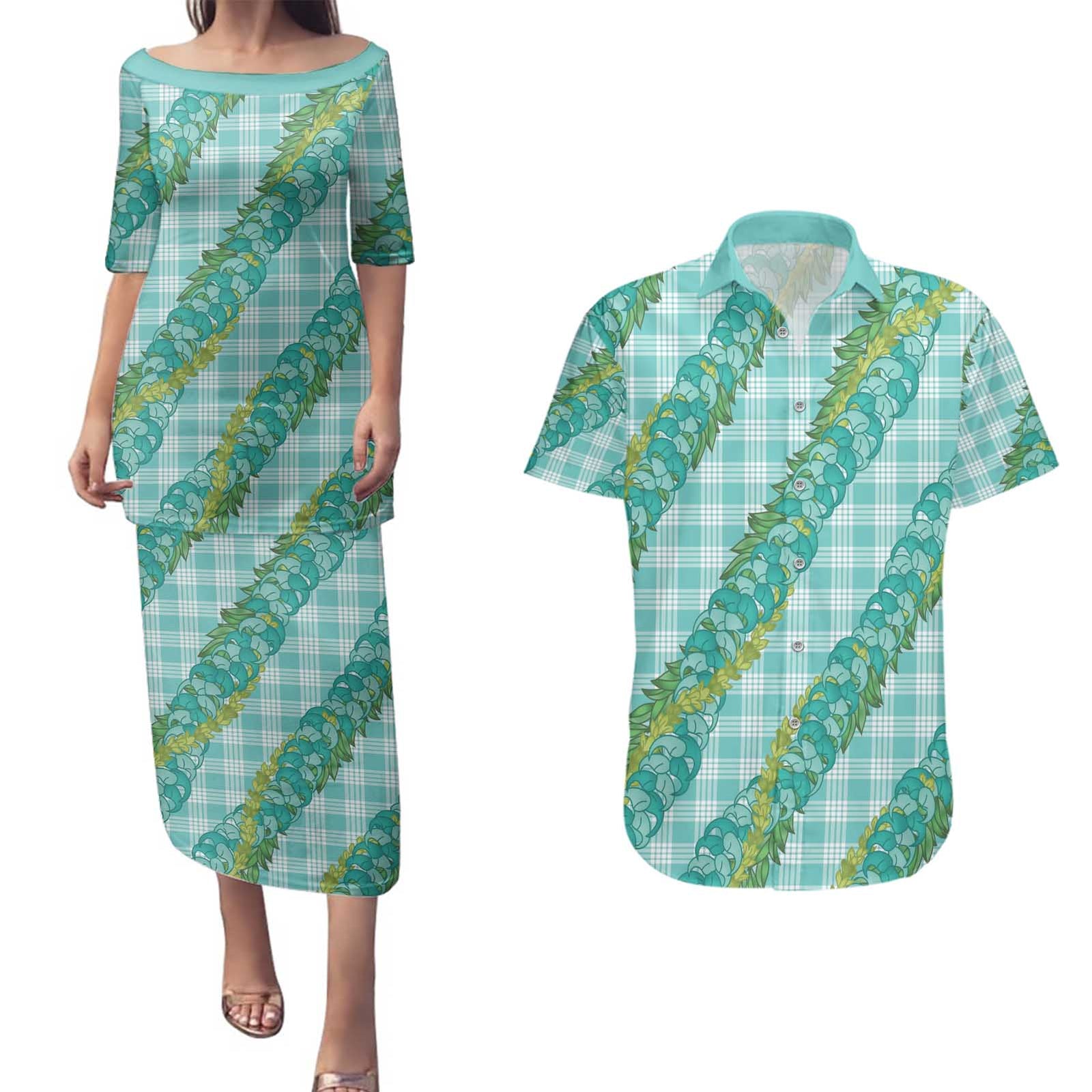 Hawaii Jade Vine Lei Couples Matching Puletasi and Hawaiian Shirt Aloha Palaka Motif - Turquoise - Polynesian Pride