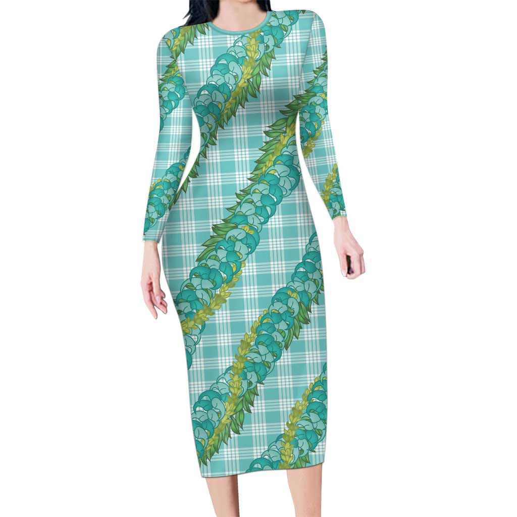 Hawaii Jade Vine Lei Family Matching Long Sleeve Bodycon Dress and Hawaiian Shirt Aloha Palaka Motif - Turquoise - Polynesian Pride