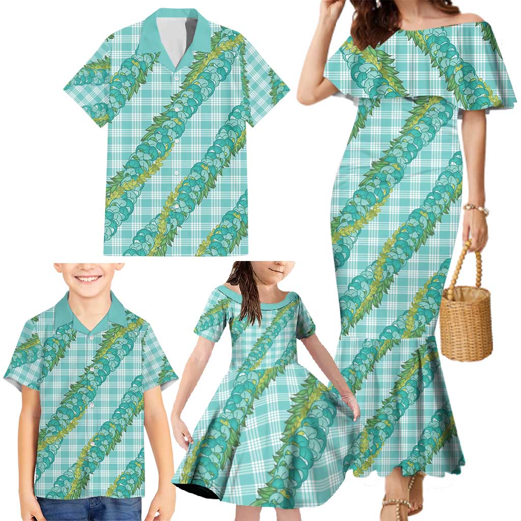 Hawaii Jade Vine Lei Family Matching Mermaid Dress and Hawaiian Shirt Aloha Palaka Motif - Turquoise - Polynesian Pride