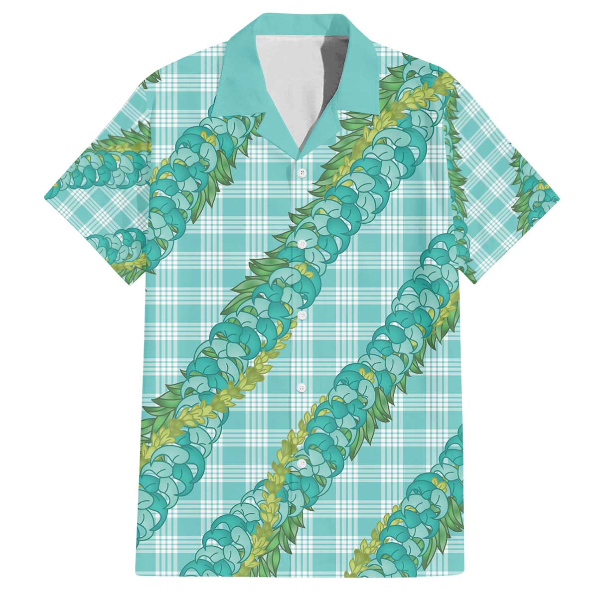 Hawaii Jade Vine Lei Family Matching Off The Shoulder Long Sleeve Dress and Hawaiian Shirt Aloha Palaka Motif - Turquoise - Polynesian Pride