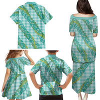 Hawaii Jade Vine Lei Family Matching Puletasi and Hawaiian Shirt Aloha Palaka Motif - Turquoise - Polynesian Pride