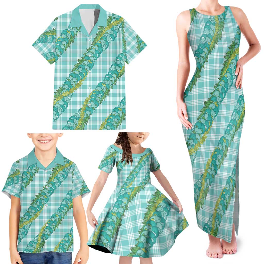 Hawaii Jade Vine Lei Family Matching Tank Maxi Dress and Hawaiian Shirt Aloha Palaka Motif - Turquoise - Polynesian Pride