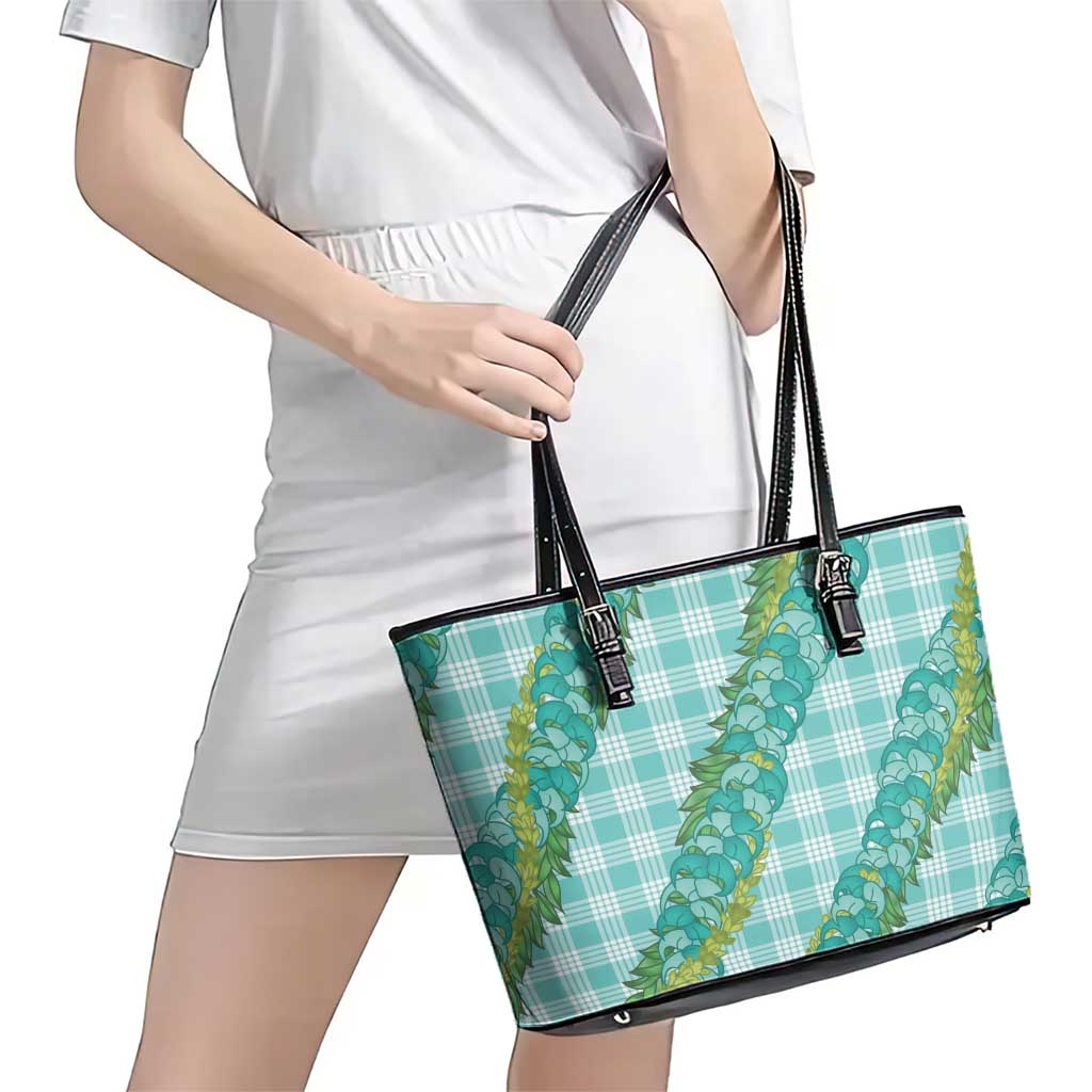 Hawaii Jade Vine Lei Leather Tote Bag Aloha Palaka Motif - Turquoise - Polynesian Pride