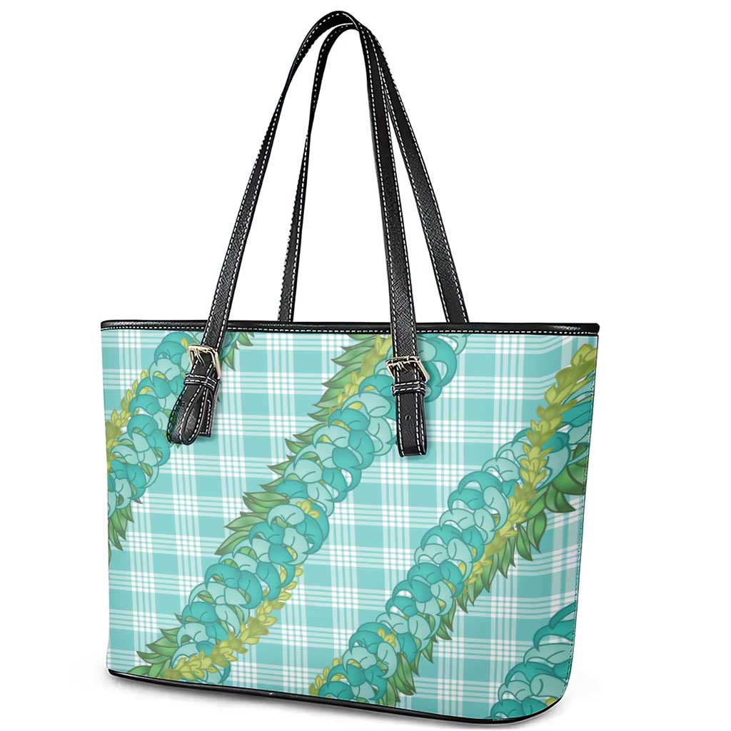 Hawaii Jade Vine Lei Leather Tote Bag Aloha Palaka Motif - Turquoise - Polynesian Pride