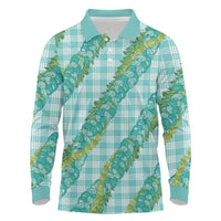 Hawaii Jade Vine Lei Long Sleeve Polo Shirt Aloha Palaka Motif - Turquoise - Polynesian Pride