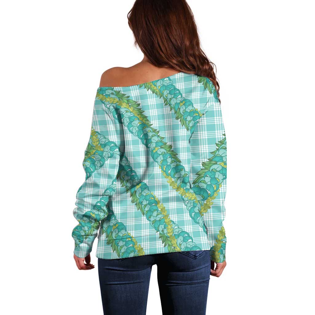 Hawaii Jade Vine Lei Off Shoulder Sweater Aloha Palaka Motif - Turquoise - Polynesian Pride