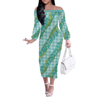 Hawaii Jade Vine Lei Off The Shoulder Long Sleeve Dress Aloha Palaka Motif - Turquoise - Polynesian Pride