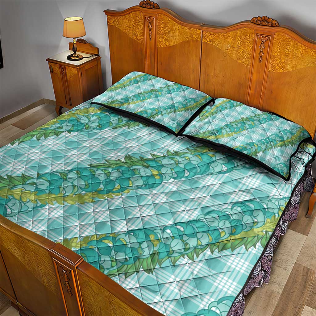 Hawaii Jade Vine Lei Quilt Bed Set Aloha Palaka Motif - Turquoise - Polynesian Pride