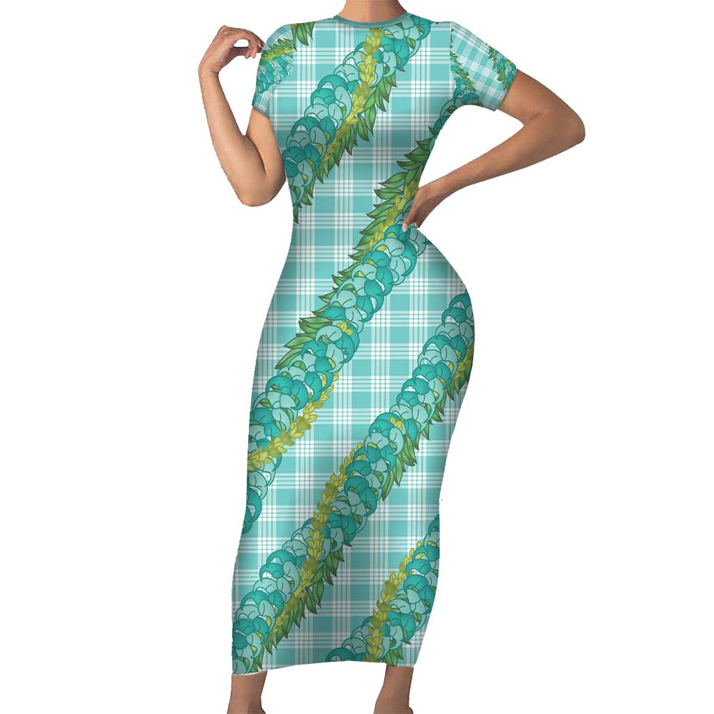Hawaii Jade Vine Lei Short Sleeve Bodycon Dress Aloha Palaka Motif - Turquoise - Polynesian Pride