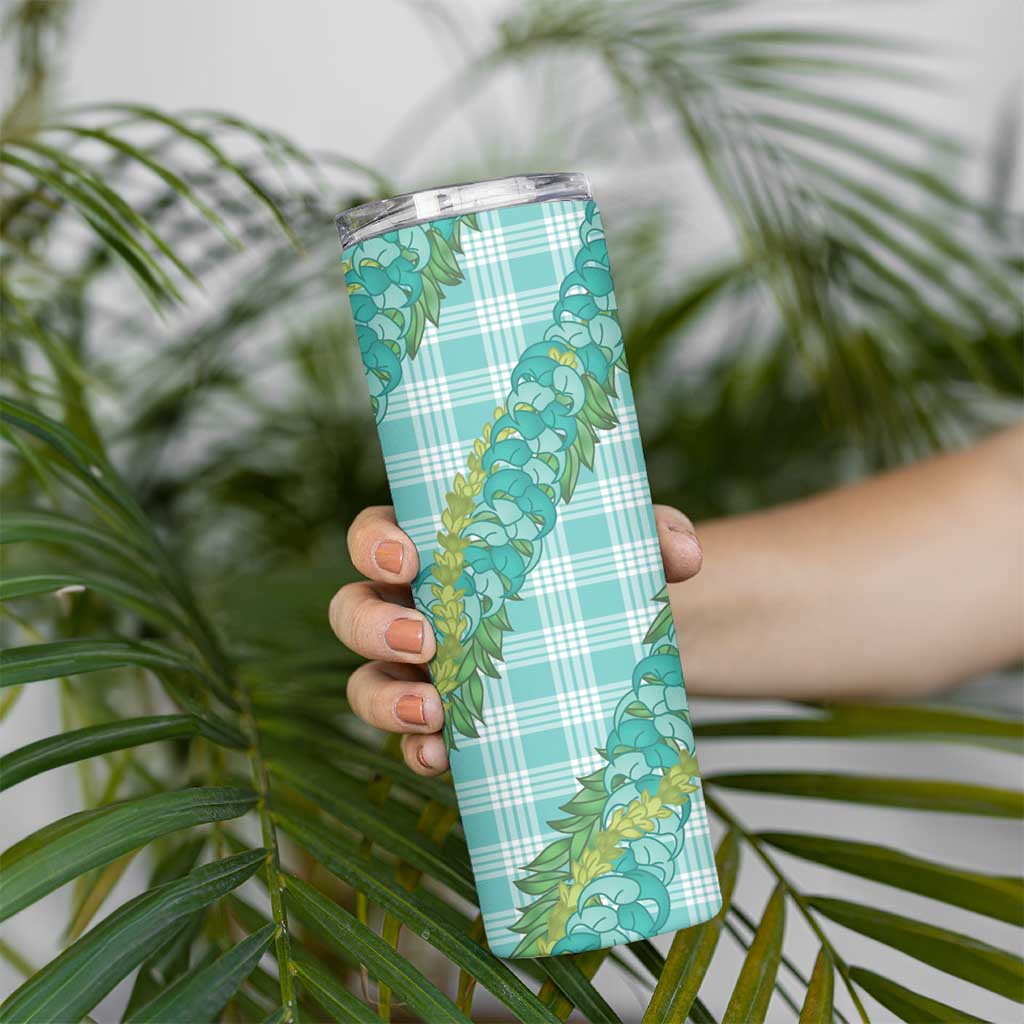 Hawaii Jade Vine Lei Skinny Tumbler Aloha Palaka Motif - Turquoise - Polynesian Pride