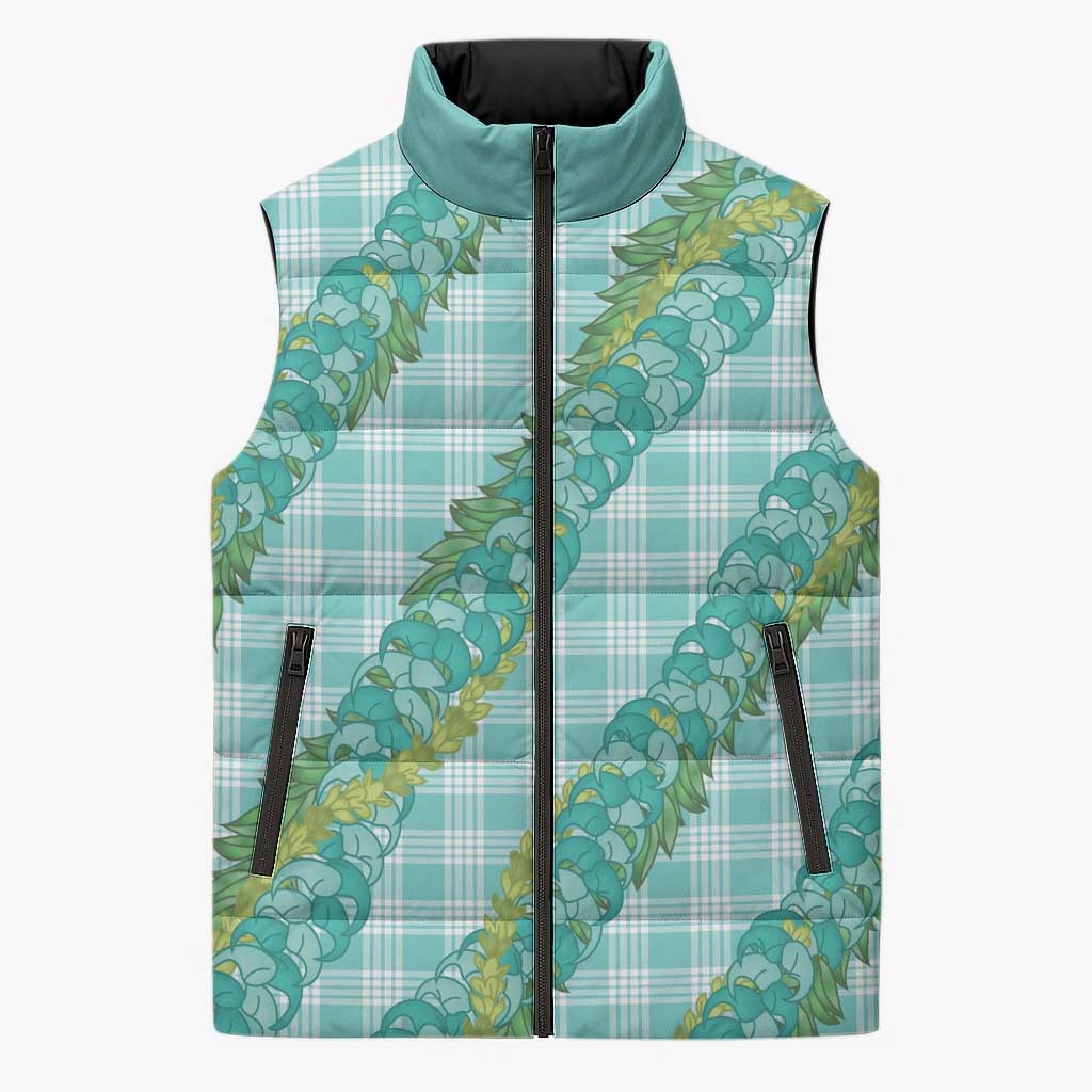 Hawaii Jade Vine Lei Sleeveless Puffer Jacket Aloha Palaka Motif - Turquoise - Polynesian Pride
