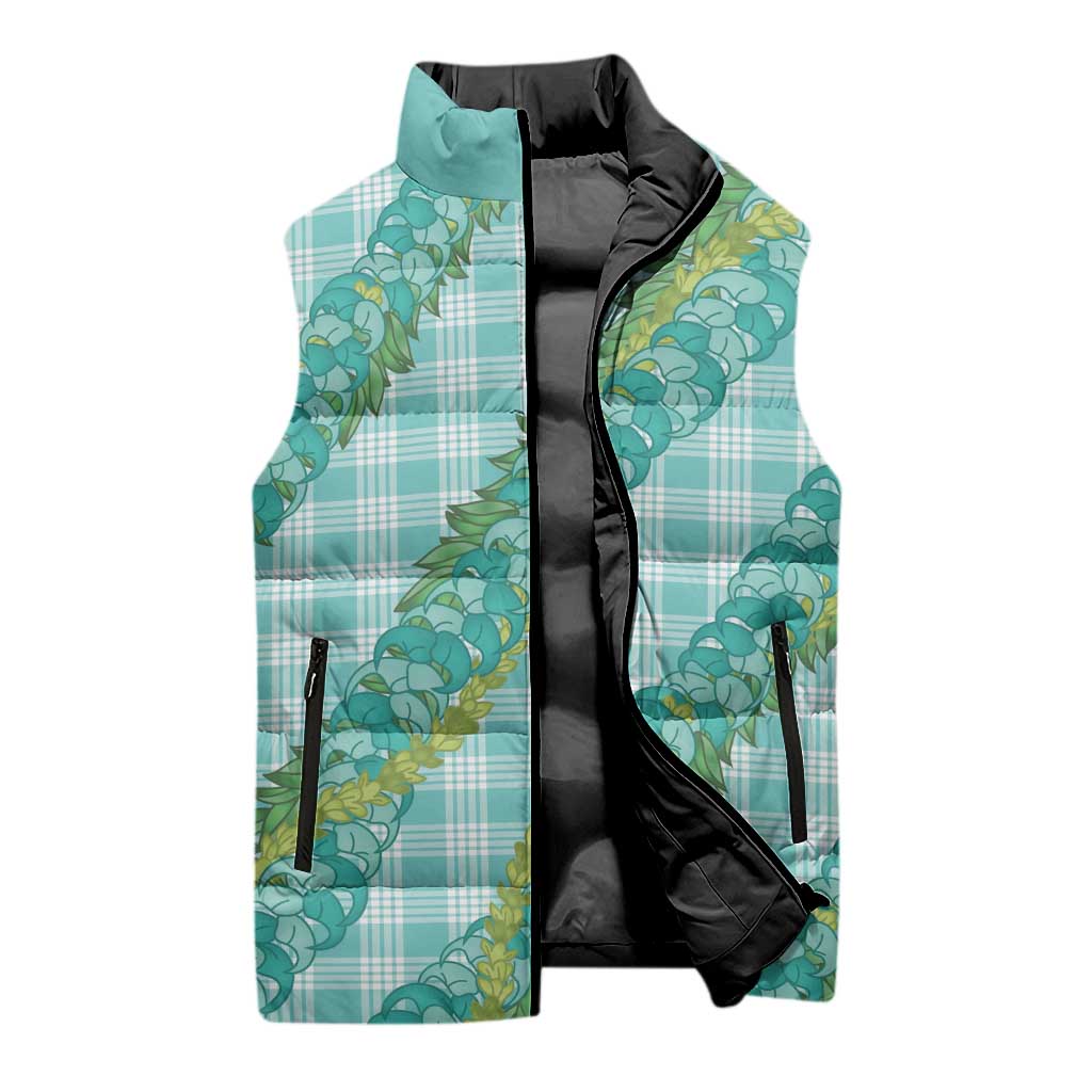 Hawaii Jade Vine Lei Sleeveless Puffer Jacket Aloha Palaka Motif - Turquoise - Polynesian Pride