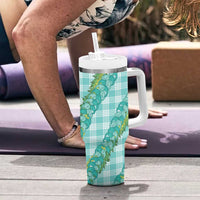 Hawaii Jade Vine Lei Tumbler With Handle Aloha Palaka Motif - Turquoise - Polynesian Pride