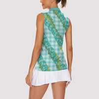 Hawaii Jade Vine Lei Women Sleeveless Polo Shirt Aloha Palaka Motif - Turquoise - Polynesian Pride