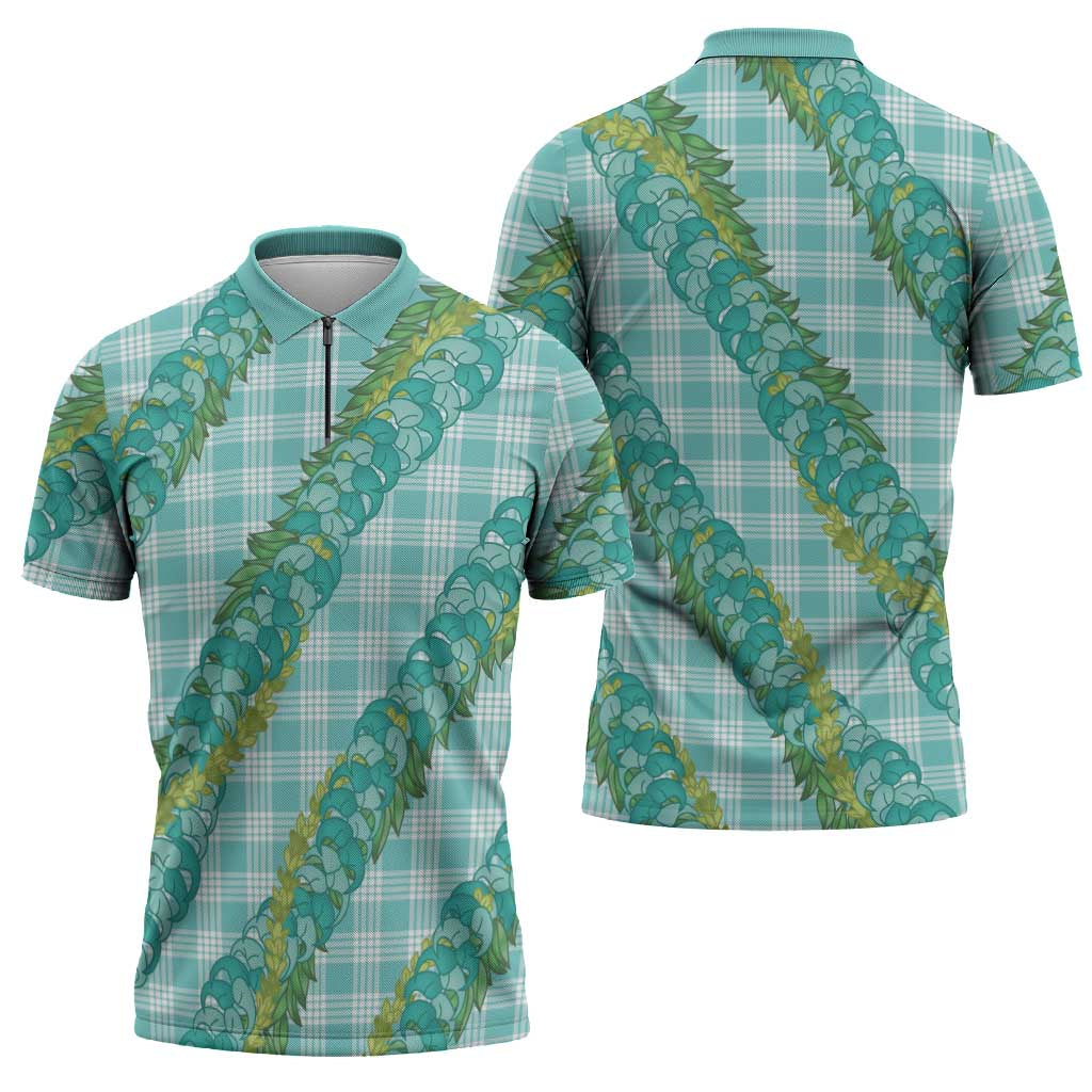 Hawaii Jade Vine Lei Zipper Polo Shirt Aloha Palaka Motif - Turquoise - Polynesian Pride