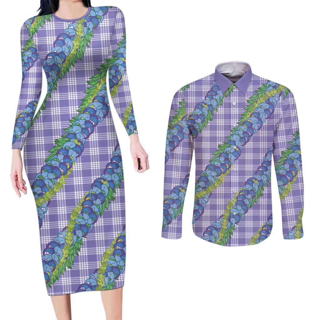 Hawaii Jade Vine Lei Couples Matching Long Sleeve Bodycon Dress and Long Sleeve Button Shirt Aloha Palaka Motif - Purple - Polynesian Pride