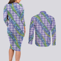 Hawaii Jade Vine Lei Couples Matching Long Sleeve Bodycon Dress and Long Sleeve Button Shirt Aloha Palaka Motif - Purple - Polynesian Pride