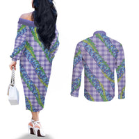 Hawaii Jade Vine Lei Couples Matching Off The Shoulder Long Sleeve Dress and Long Sleeve Button Shirt Aloha Palaka Motif - Purple - Polynesian Pride