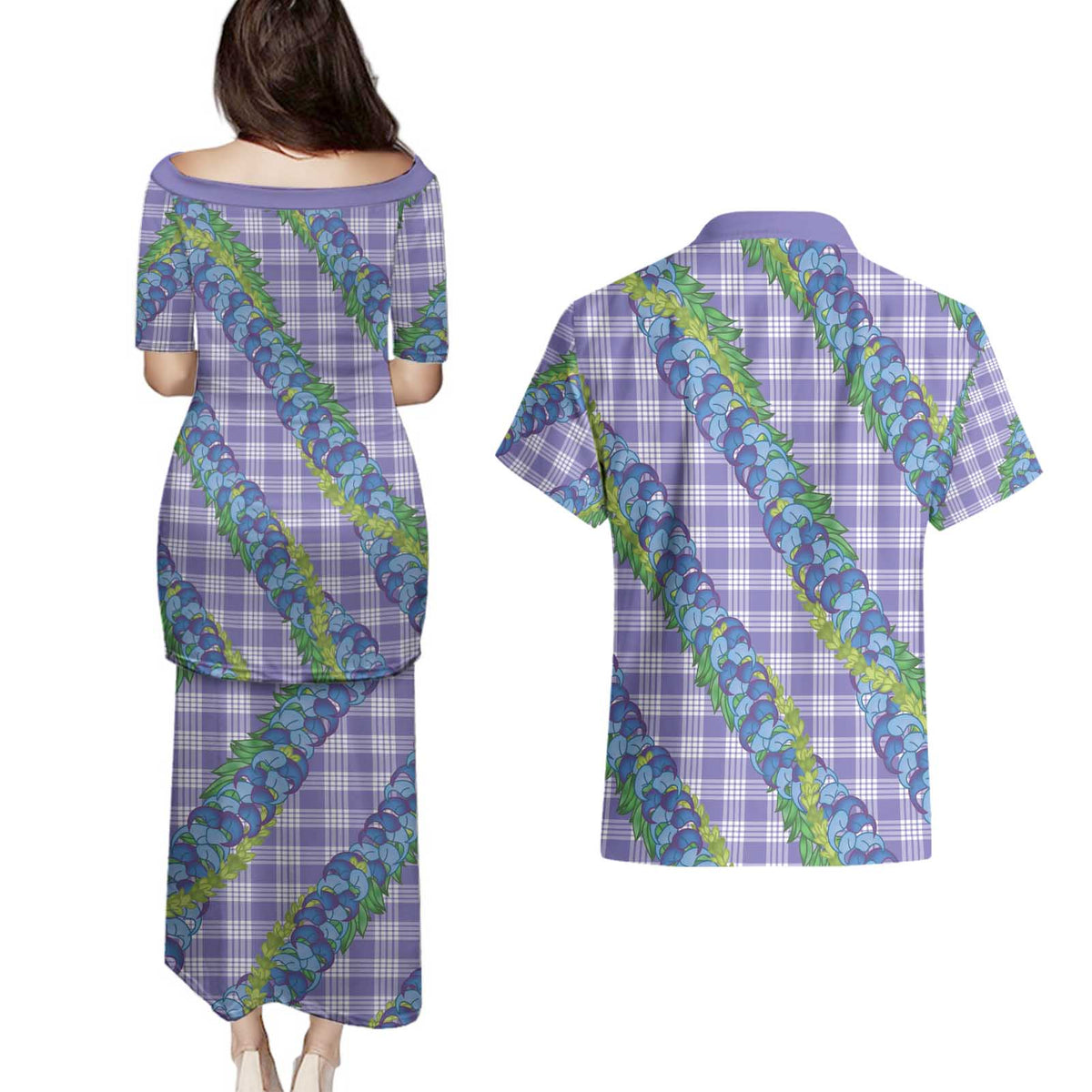 Hawaii Jade Vine Lei Couples Matching Puletasi and Hawaiian Shirt Aloha Palaka Motif - Purple - Polynesian Pride