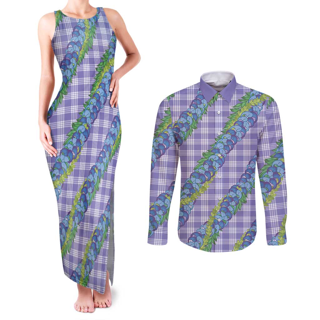 Hawaii Jade Vine Lei Couples Matching Tank Maxi Dress and Long Sleeve Button Shirt Aloha Palaka Motif - Purple - Polynesian Pride