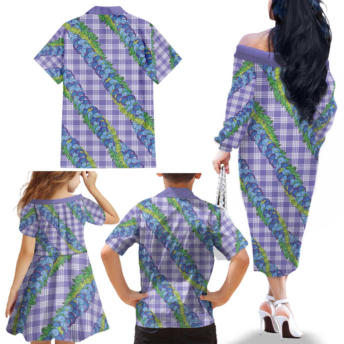 Hawaii Jade Vine Lei Family Matching Off The Shoulder Long Sleeve Dress and Hawaiian Shirt Aloha Palaka Motif - Purple - Polynesian Pride