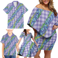 Hawaii Jade Vine Lei Family Matching Off Shoulder Short Dress and Hawaiian Shirt Aloha Palaka Motif - Purple - Polynesian Pride