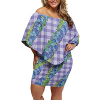 Hawaii Jade Vine Lei Family Matching Off Shoulder Short Dress and Hawaiian Shirt Aloha Palaka Motif - Purple - Polynesian Pride