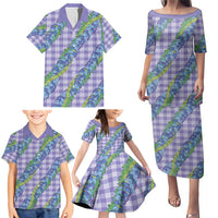 Hawaii Jade Vine Lei Family Matching Puletasi and Hawaiian Shirt Aloha Palaka Motif - Purple - Polynesian Pride