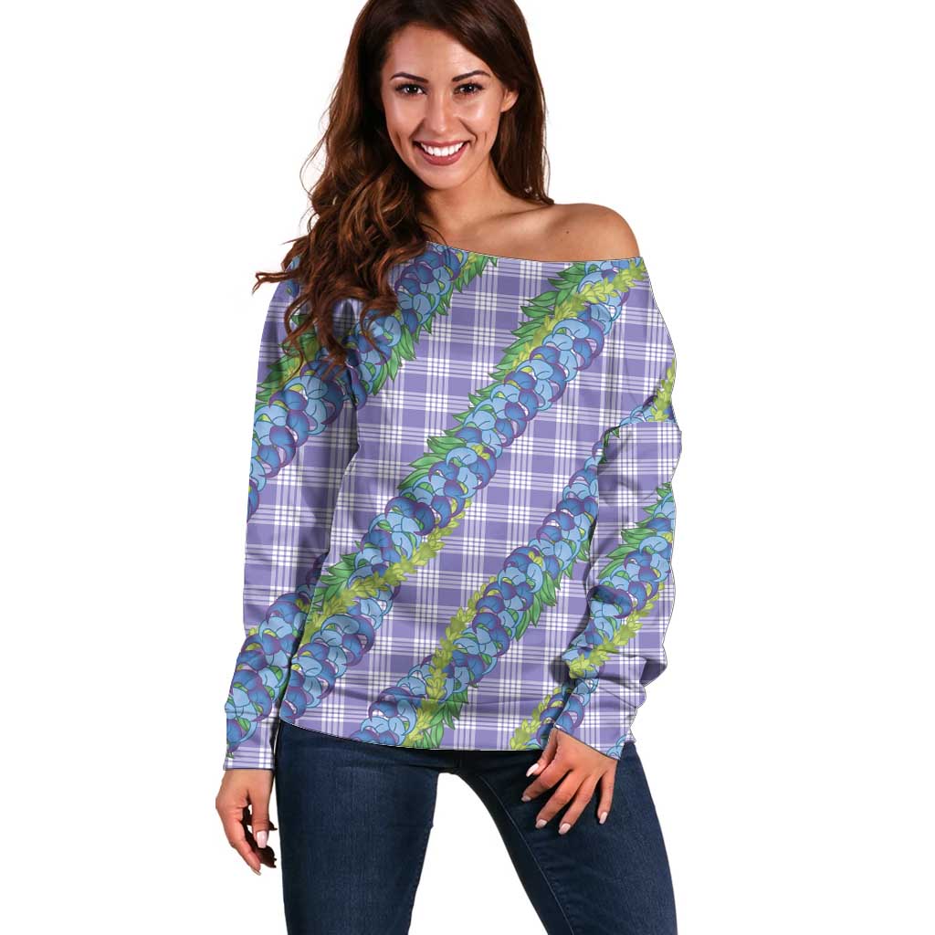 Hawaii Jade Vine Lei Off Shoulder Sweater Aloha Palaka Motif - Purple - Polynesian Pride