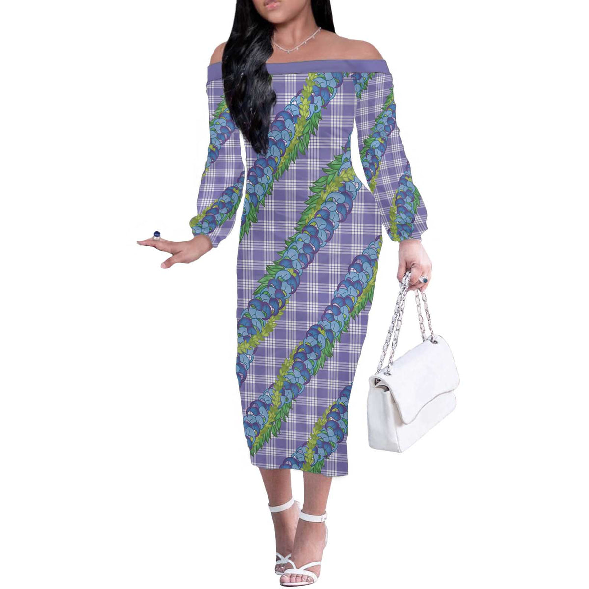 Hawaii Jade Vine Lei Off The Shoulder Long Sleeve Dress Aloha Palaka Motif - Purple - Polynesian Pride