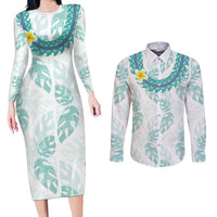 Jade Vine Lei Hawaii Couples Matching Long Sleeve Bodycon Dress and Long Sleeve Button Shirt Aloha Seamless Tropical Leaves - Polynesian Pride