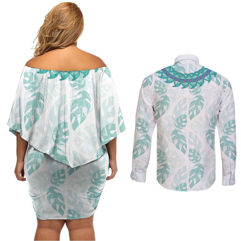 Jade Vine Lei Hawaii Couples Matching Off Shoulder Short Dress and Long Sleeve Button Shirt Aloha Seamless Tropical Leaves - Polynesian Pride