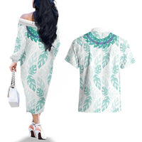 Jade Vine Lei Hawaii Couples Matching Off The Shoulder Long Sleeve Dress and Hawaiian Shirt Aloha Seamless Tropical Leaves - Polynesian Pride