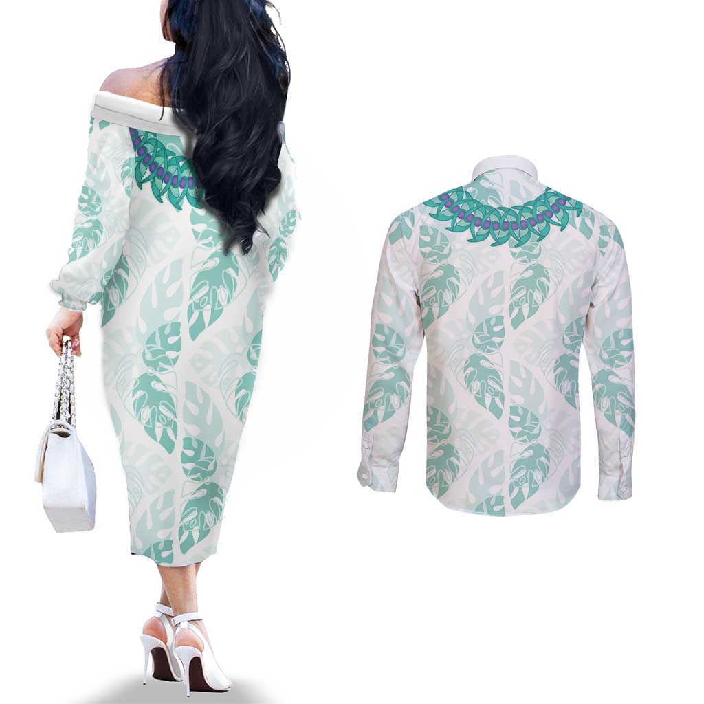 Jade Vine Lei Hawaii Couples Matching Off The Shoulder Long Sleeve Dress and Long Sleeve Button Shirt Aloha Seamless Tropical Leaves - Polynesian Pride