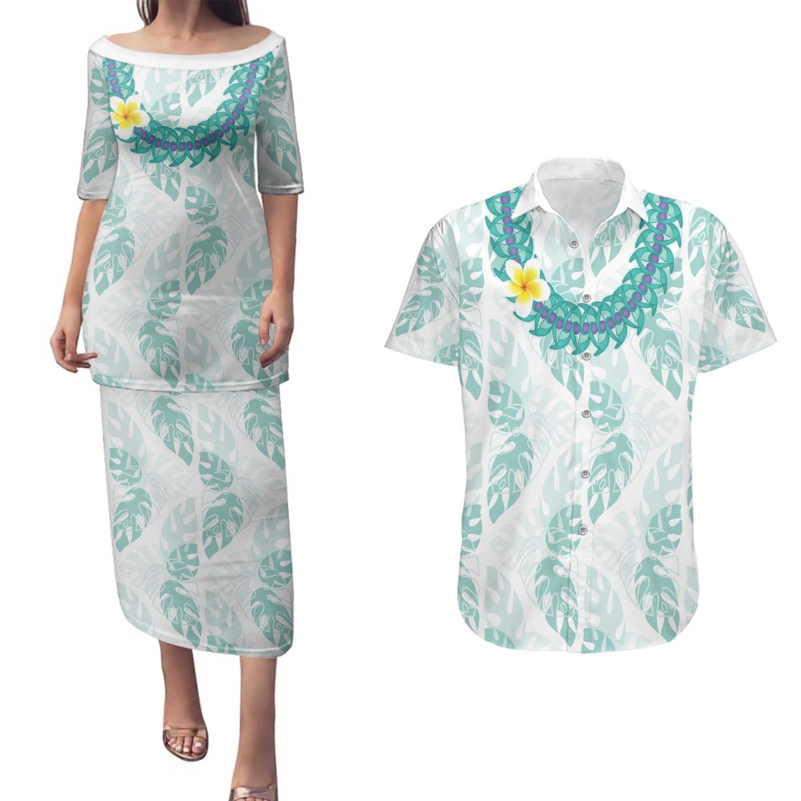 Jade Vine Lei Hawaii Couples Matching Puletasi and Hawaiian Shirt Aloha Seamless Tropical Leaves - Polynesian Pride