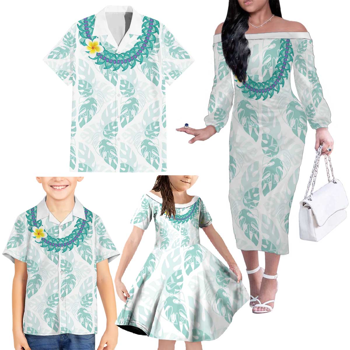 Jade Vine Lei Hawaii Family Matching Off The Shoulder Long Sleeve Dress and Hawaiian Shirt Aloha Seamless Tropical Leaves - Polynesian Pride