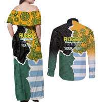 Personalised Rugby 2025 Championship Couples Matching Off Shoulder Maxi Dress and Long Sleeve Button Shirt Southern Hemisphere Countries Mascots - Polynesian Pride