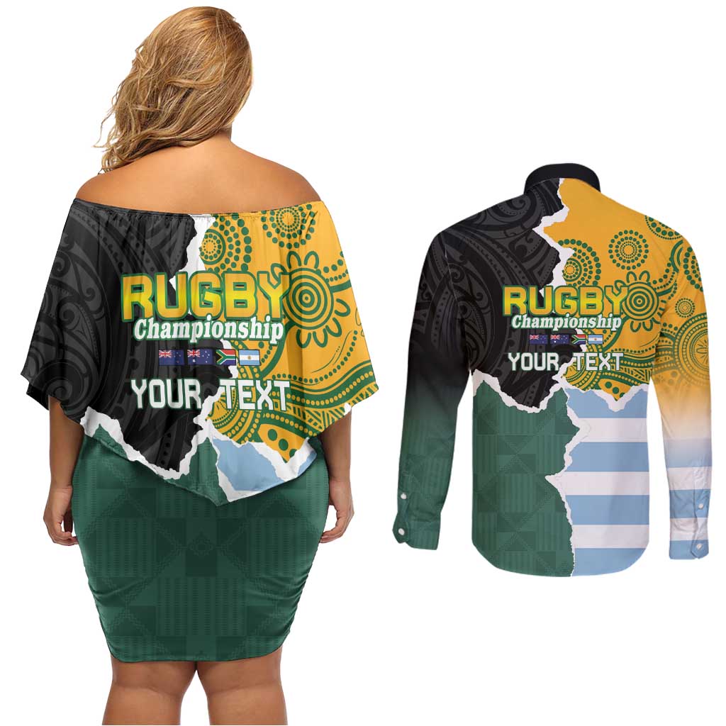 Personalised Rugby 2025 Championship Couples Matching Off Shoulder Short Dress and Long Sleeve Button Shirt Southern Hemisphere Countries Mascots - Polynesian Pride