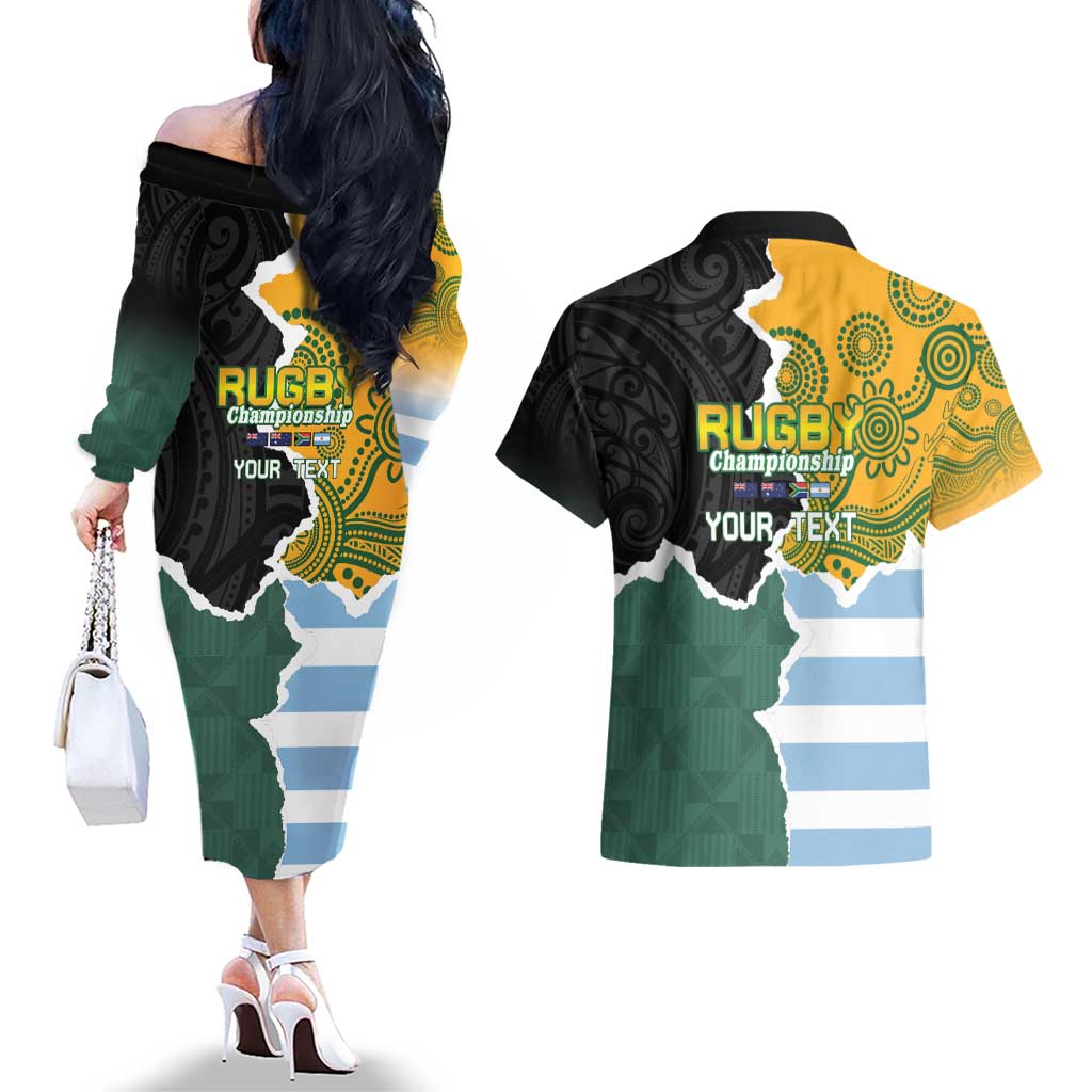 Personalised Rugby 2025 Championship Couples Matching Off The Shoulder Long Sleeve Dress and Hawaiian Shirt Southern Hemisphere Countries Mascots - Polynesian Pride