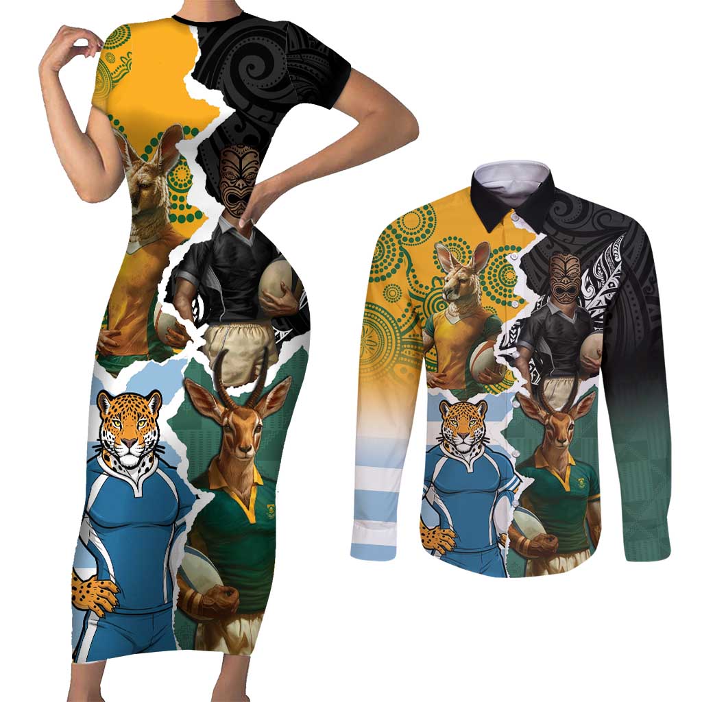 Personalised Rugby 2025 Championship Couples Matching Short Sleeve Bodycon Dress and Long Sleeve Button Shirt Southern Hemisphere Countries Mascots - Polynesian Pride