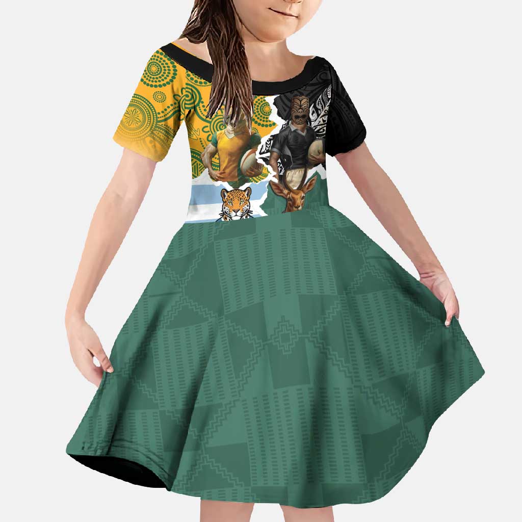 Personalised Rugby 2025 Championship Family Matching Off Shoulder Maxi Dress and Hawaiian Shirt Southern Hemisphere Countries Mascots - Polynesian Pride