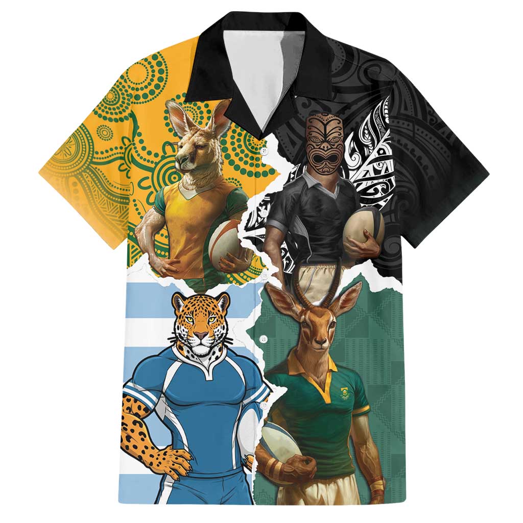 Personalised Rugby 2025 Championship Family Matching Short Sleeve Bodycon Dress and Hawaiian Shirt Southern Hemisphere Countries Mascots - Polynesian Pride