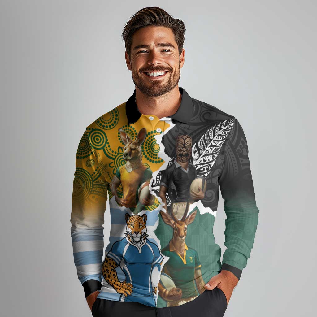 Personalised Rugby 2025 Championship Long Sleeve Polo Shirt Southern Hemisphere Countries Mascots - Polynesian Pride