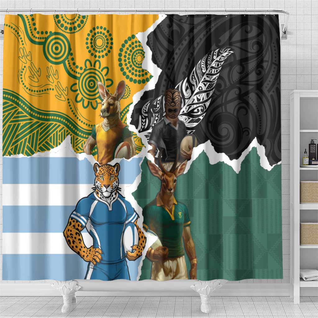 Rugby 2025 Championship Shower Curtain Southern Hemisphere Countries Mascots - Polynesian Pride